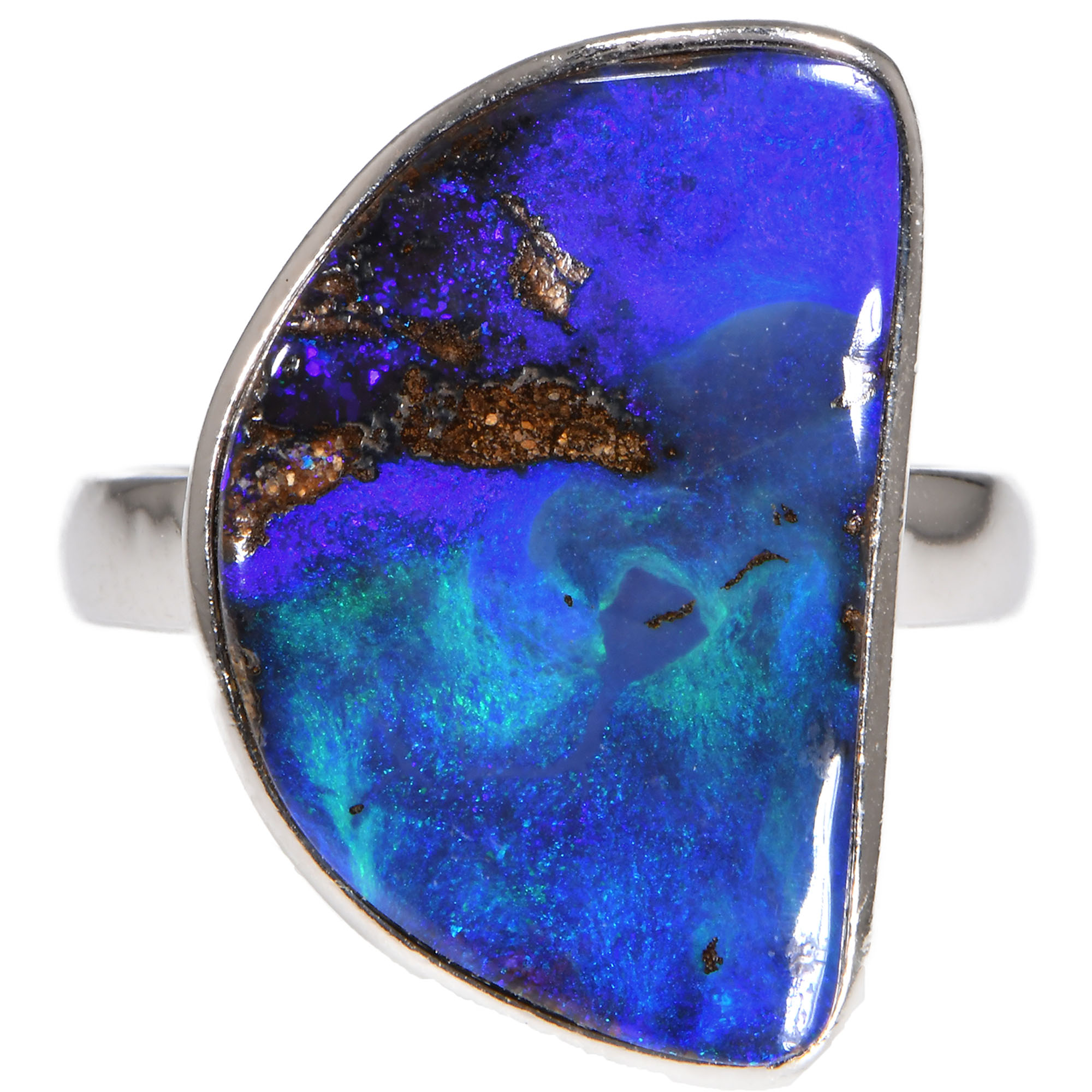 Sterling Silver Half Moon Ocean Boulder Opal Ring 30 ct US 7 3-4