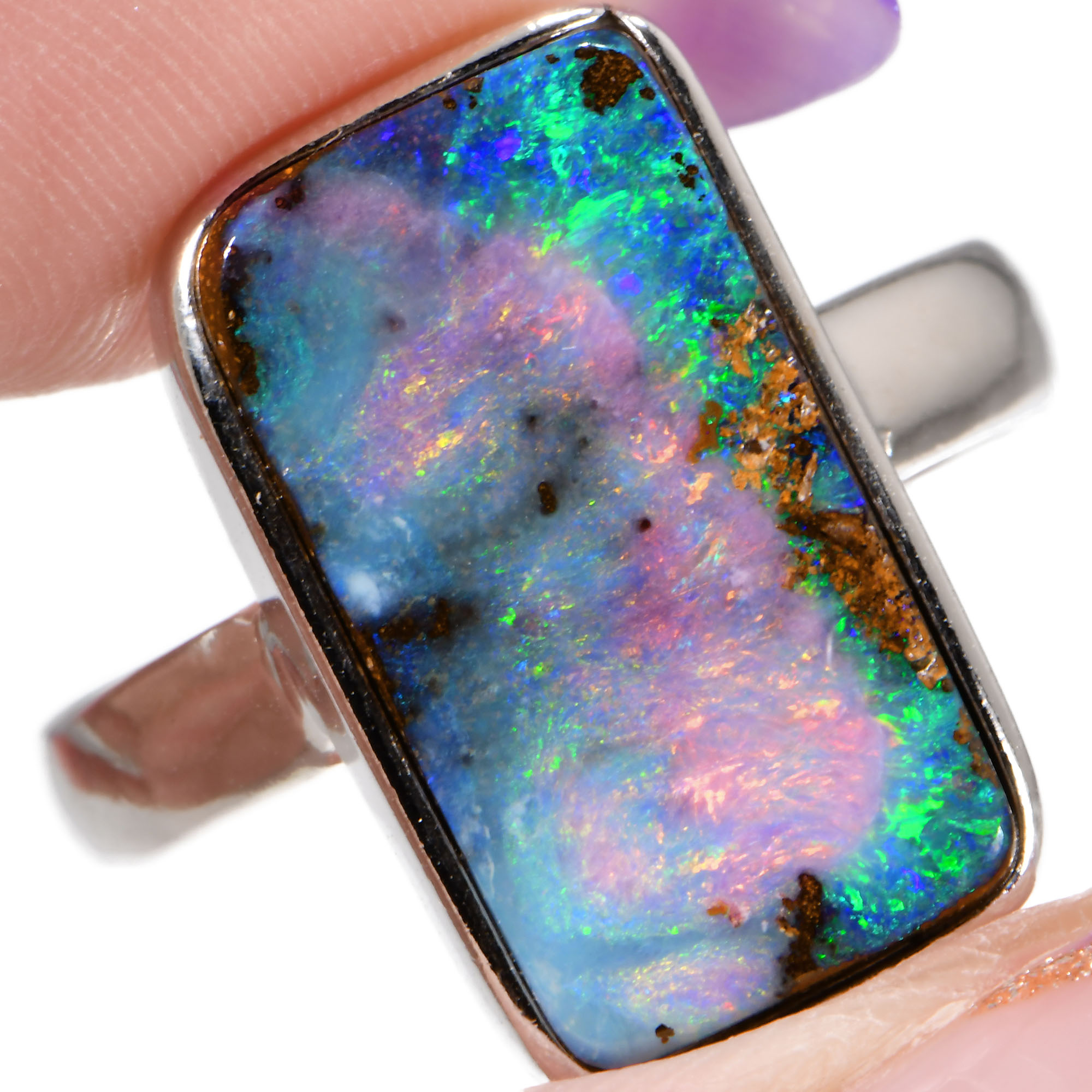 Sterling Silver Multicolor Boulder Opal Ring 20ct US7-hand shot