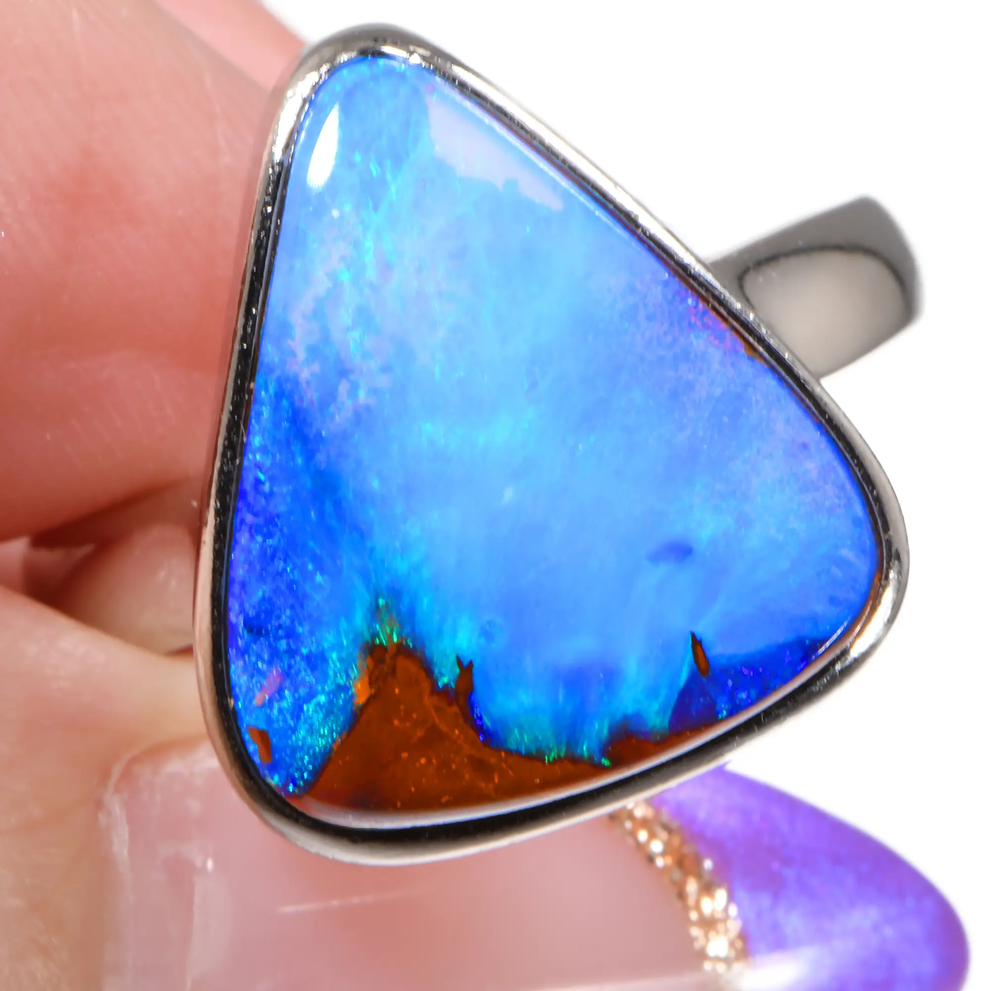 Sterling Silver Ocean Beach Blue Boulder Opal Ring 24 ct US 7 3-4-hand shot