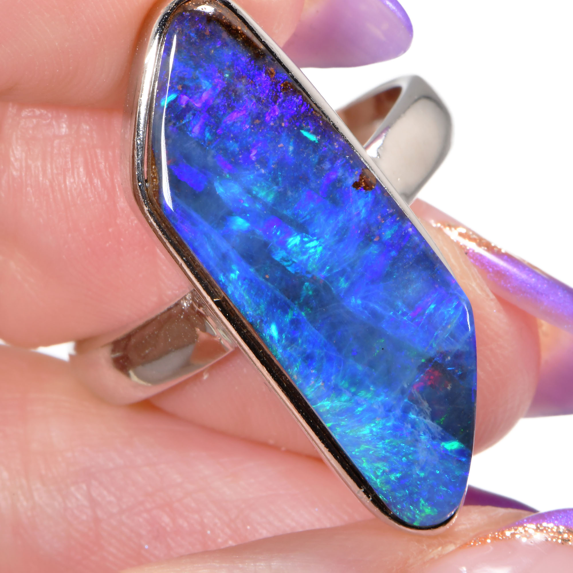Sterling Silver Ocean Blue Boulder Opal Ring 28.5 ct US 8-hand shot