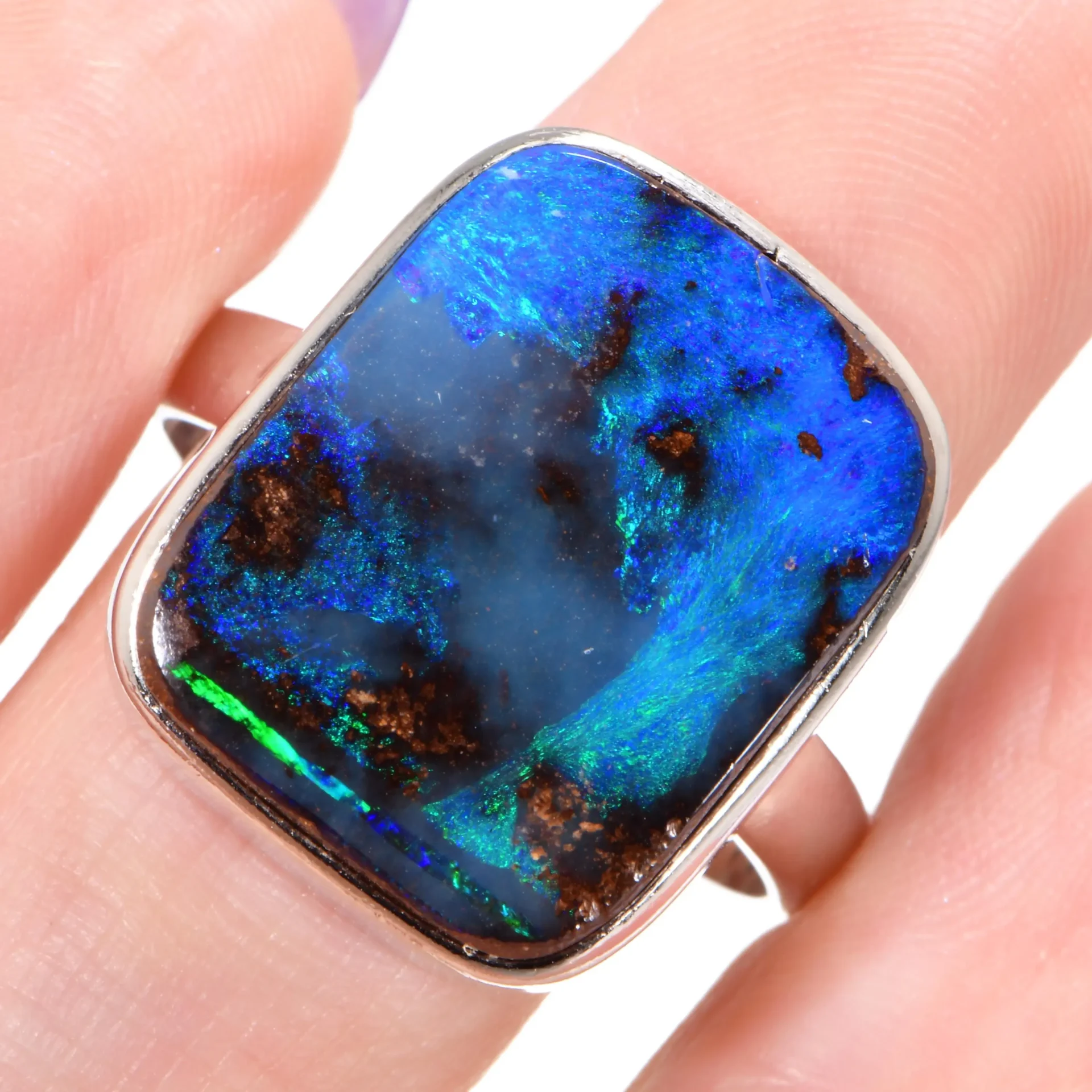 Sterling Silver Ocean Blue Boulder Opal Ring 35.5 ct US 9 3-4-hand shot1