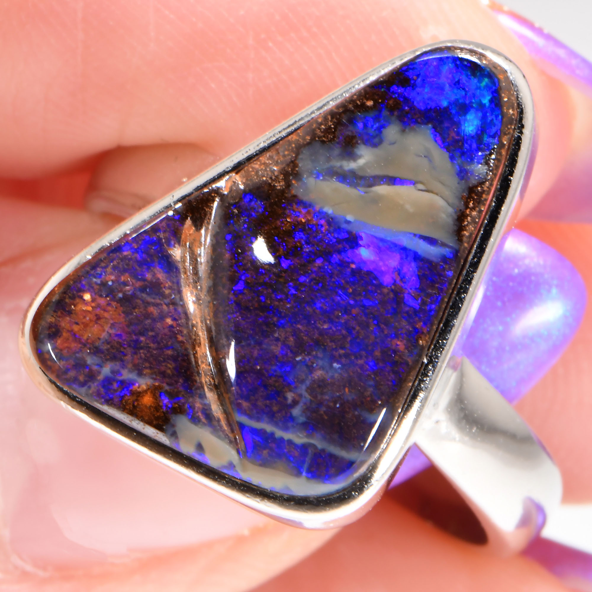 Sterling Silver Purple Boulder Opal Ring 23.5 ct US 8-hand shot1