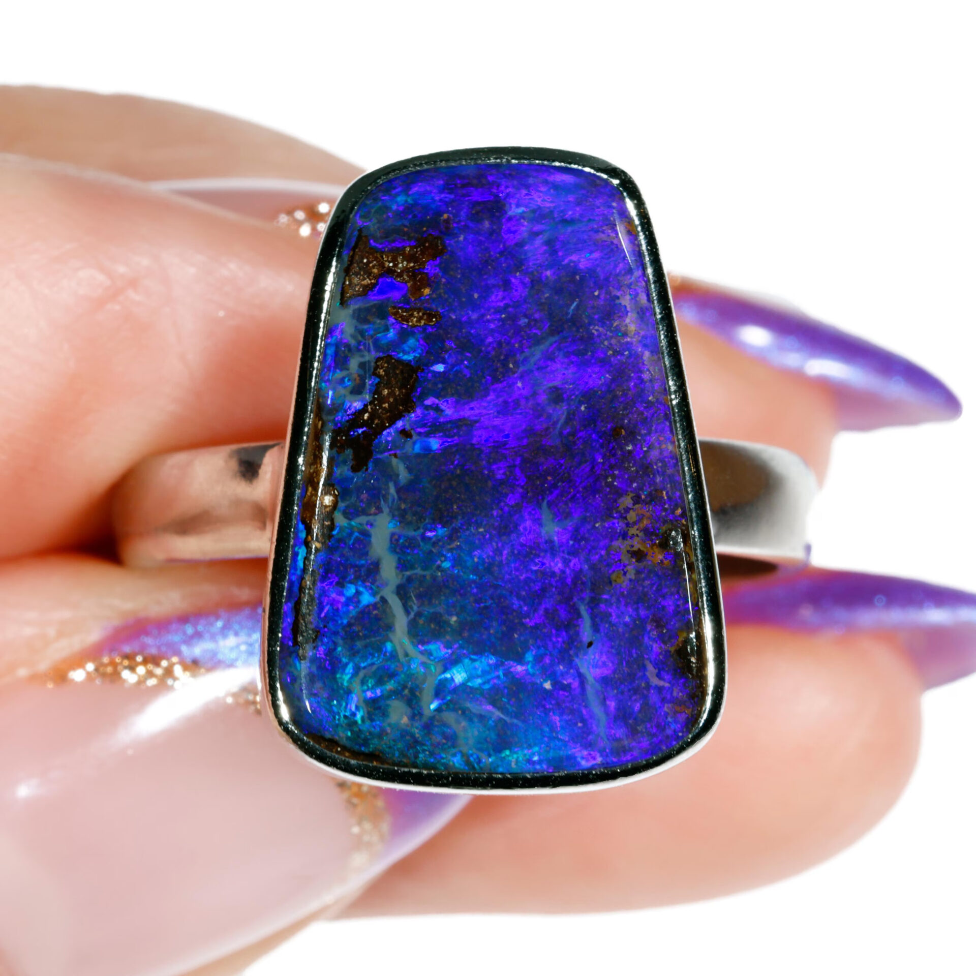 Sterling Silver Purple Boulder Opal Ring 27.5 ct US 9-hand shot