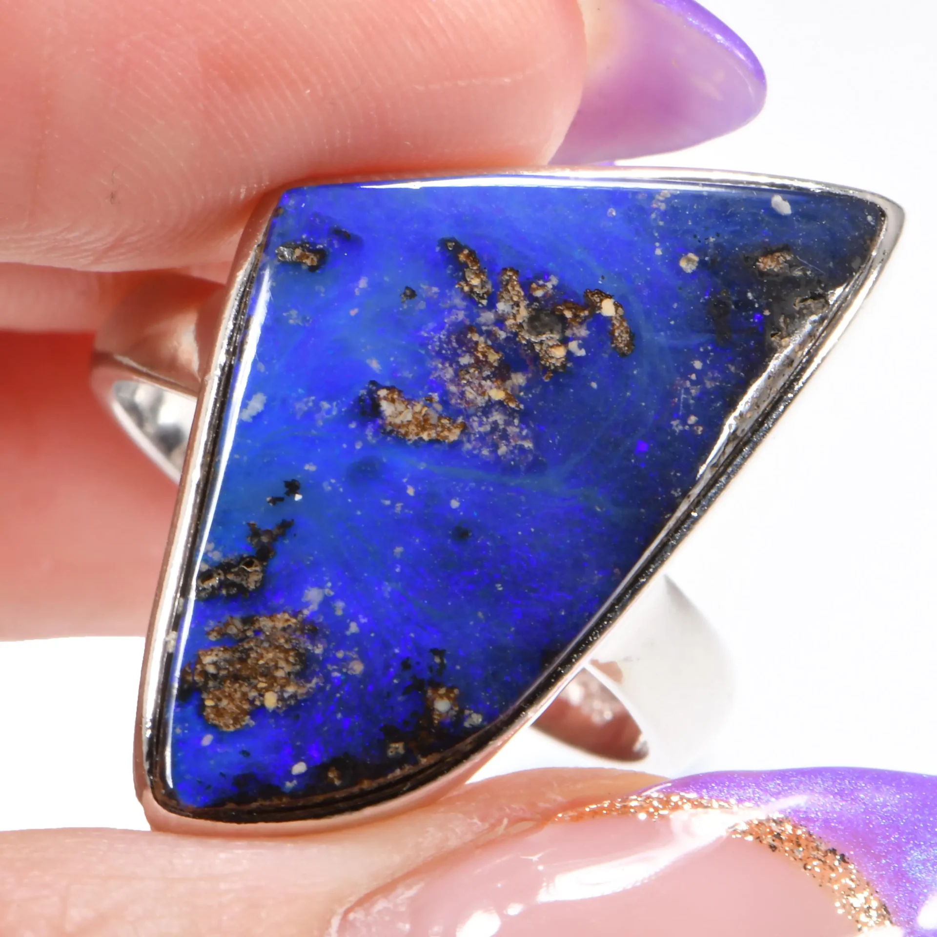 Sterling Silver Purple Boulder Opal Ring 30 ct US 8 - hand shot1
