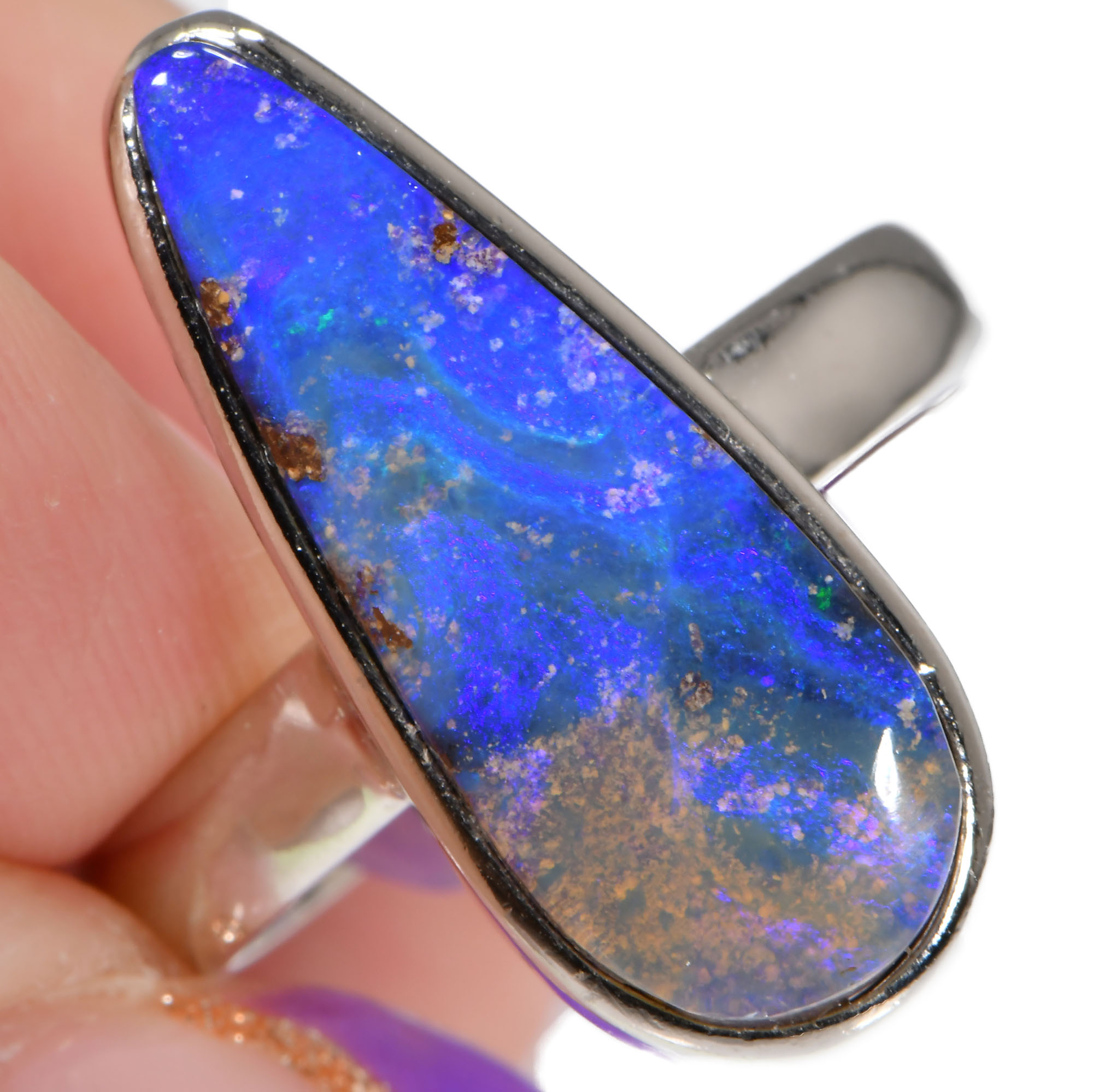 Sterling Silver Purple Teardrop Boulder Opal Ring 22.5ct US8-hand shot