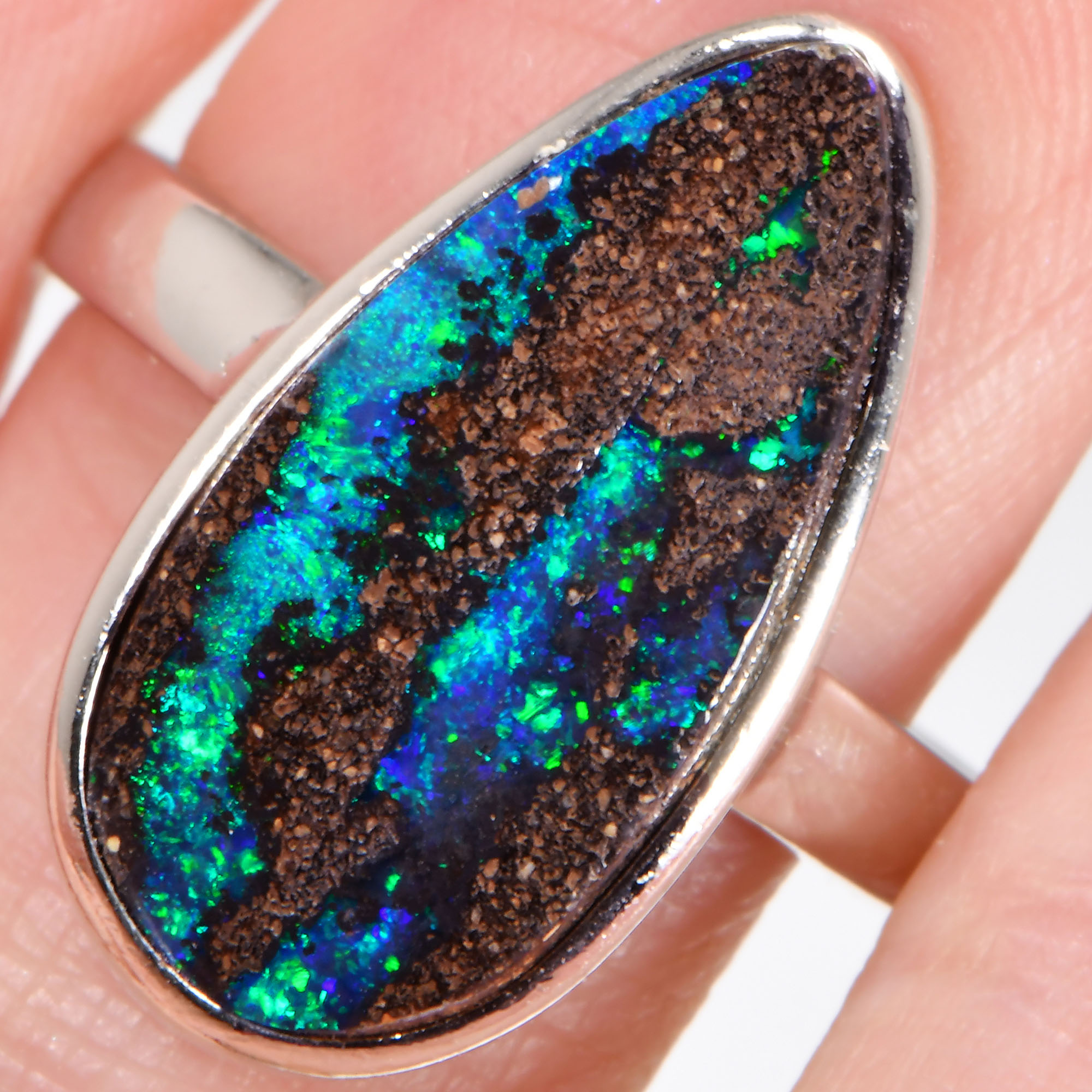 Sterling Silver Sparkling Boulder Opal Ring 17.5 ct US7-hand shot