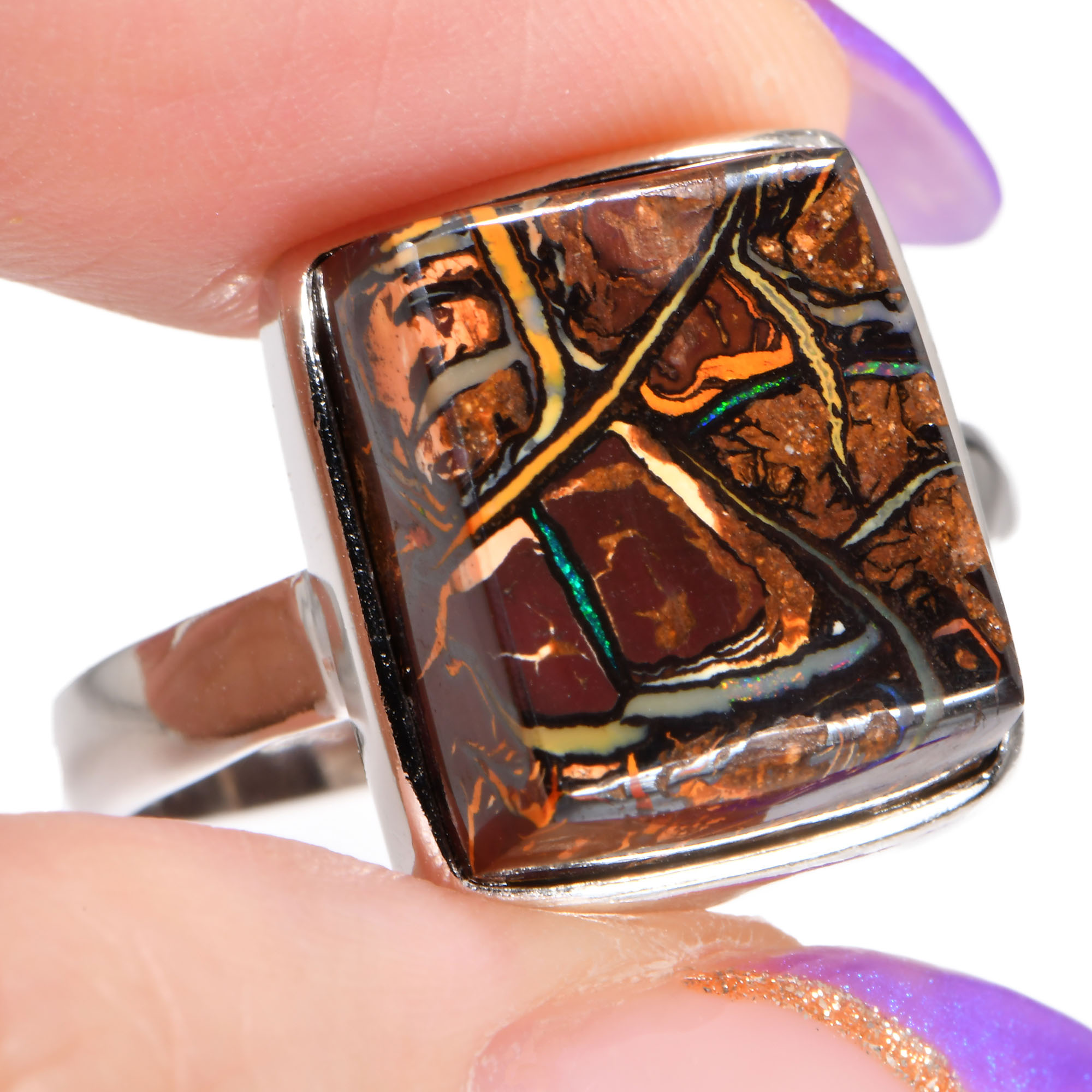 Sterling Silver Vein Boulder Opal Ring 34ct US9 3-4-Hand shot