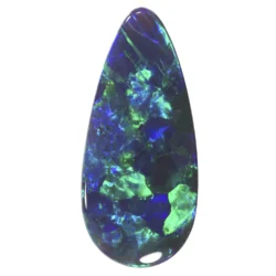 2.84ct solid natural black opal teardrop on white background, displaying striking electric green and blue play-of-colour with large mosaic patterning across a dark body tone, Lightning Ridge Australia