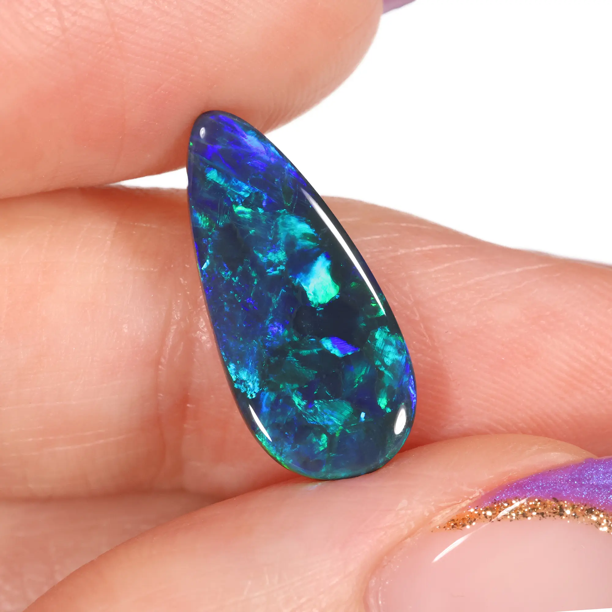 Black Opal Teardrop – 2.84 ct Green Blue Fire Gemstone - hand shot1