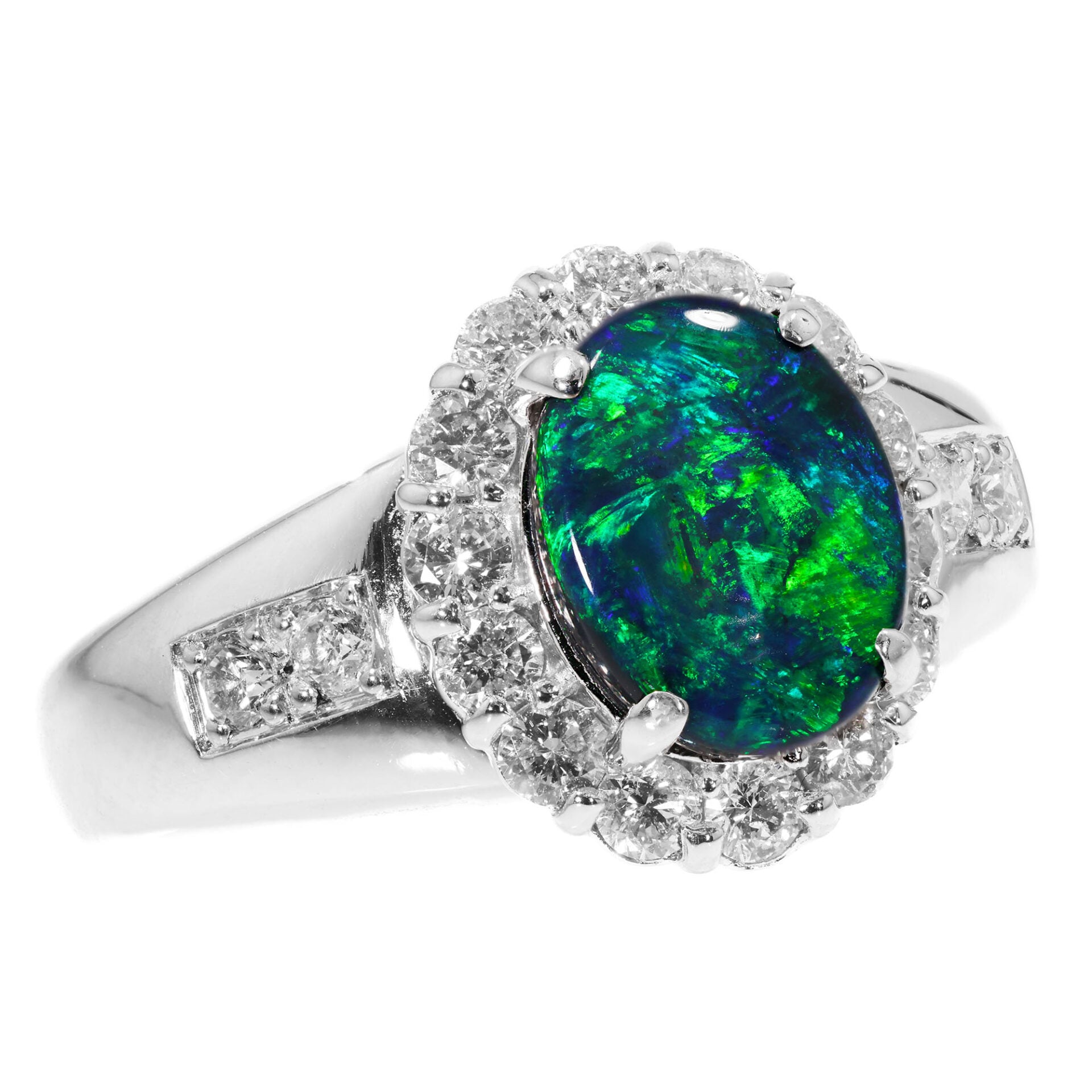 angled view of green black opal 1.39 ct set in 18k white gold ring showing diamond setting