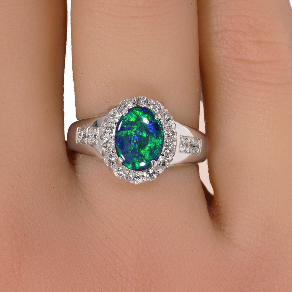 Green Black Opal 1.39 ct set in 18K White Gold Ring