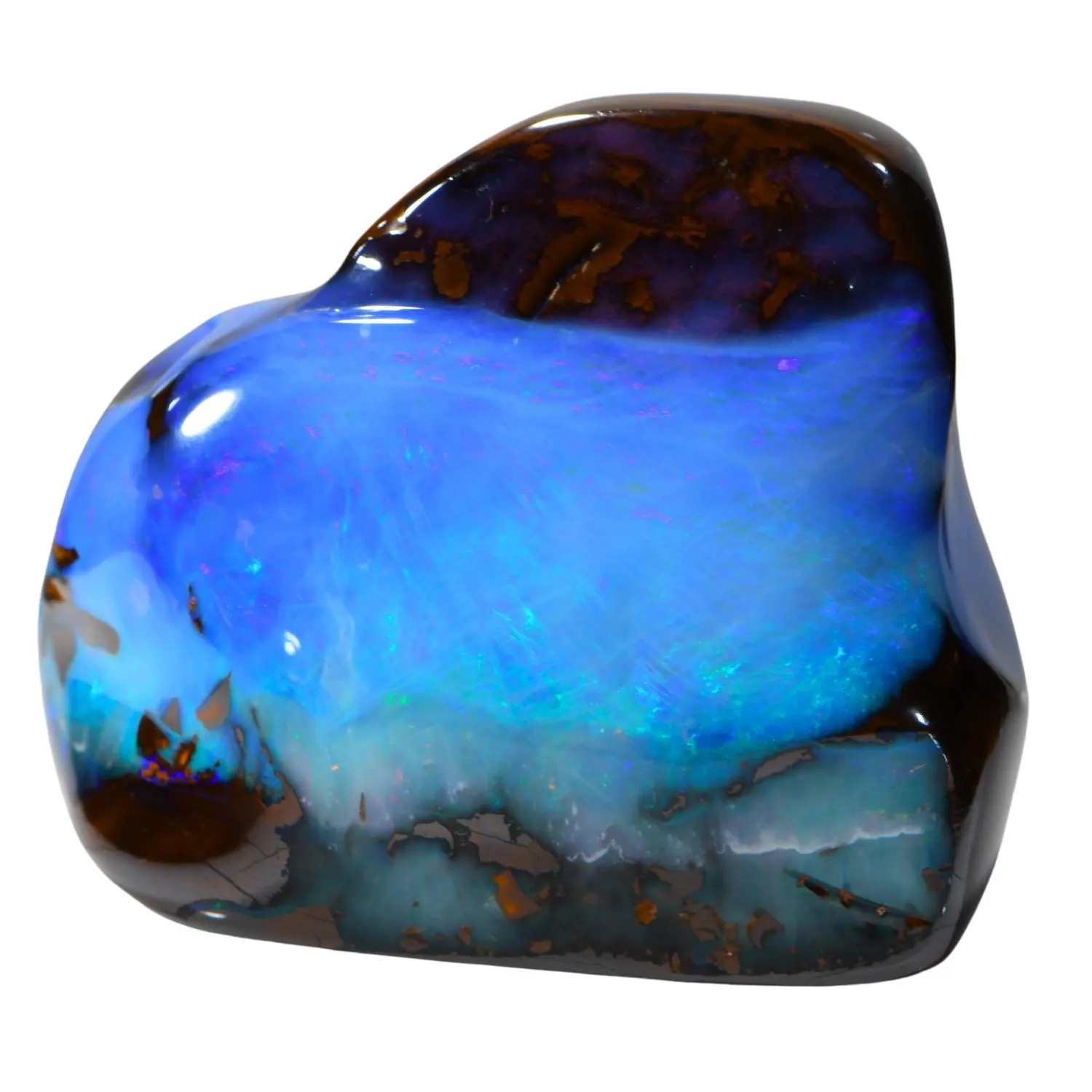 957ct Natural Boulder Opal Specimen Freeform with Vivid Blue Color from Winton, Australia.