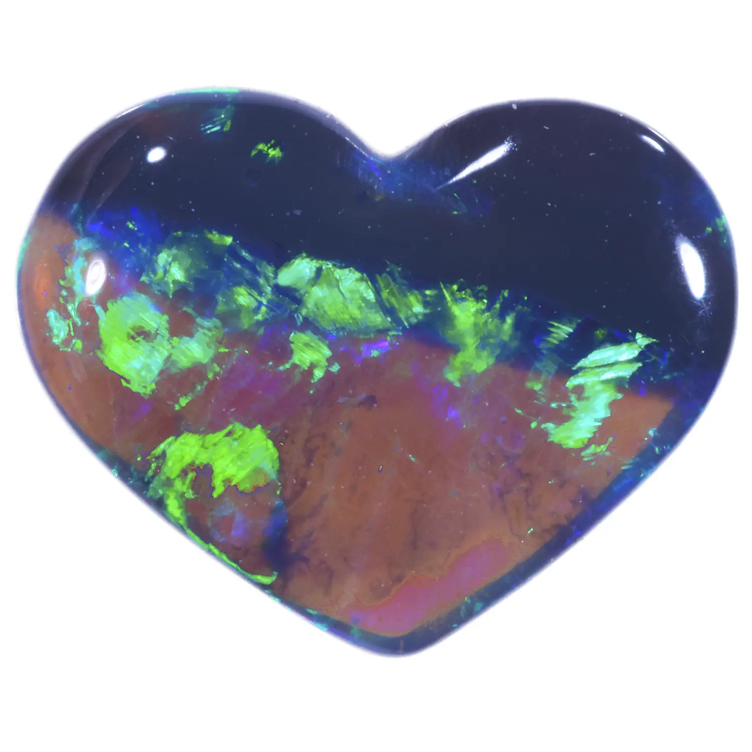 0.54ct solid natural black opal heart on white background, displaying vivid electric green and yellow-green play-of-colour with blue and violet accents across a dark body tone, Lightning Ridge Australia
