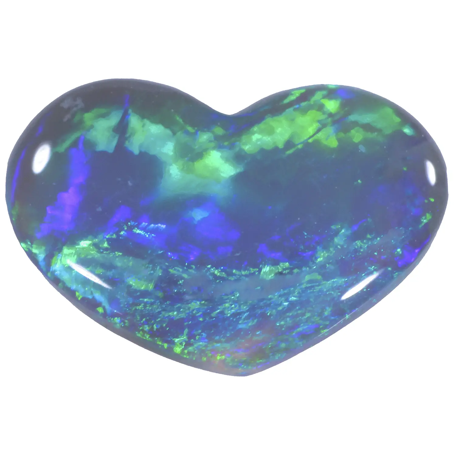 0.96ct natural solid black opal heart on white background, displaying vivid electric green and blue play-of-colour with teal and violet accents across a dark grey body tone, Lightning Ridge Australia