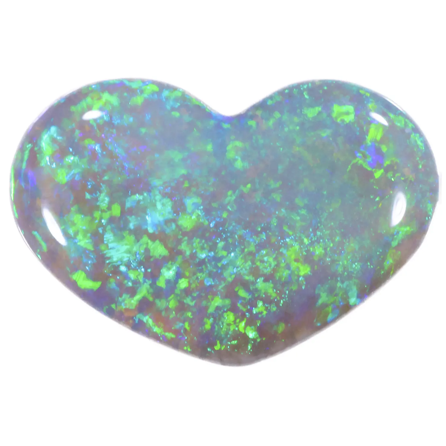 1.19ct solid natural dark opal heart on white background, displaying vivid electric green and teal play-of-colour with fine mosaic patterning across a semi-translucent body, Lightning Ridge Australia
