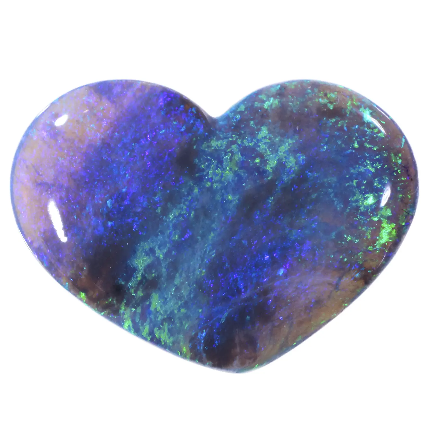 1.99ct solid natural black opal heart on white background, displaying blue, green and violet play-of-colour with fine mosaic patterning across a dark body with warm brown undertones, Lightning Ridge Australia