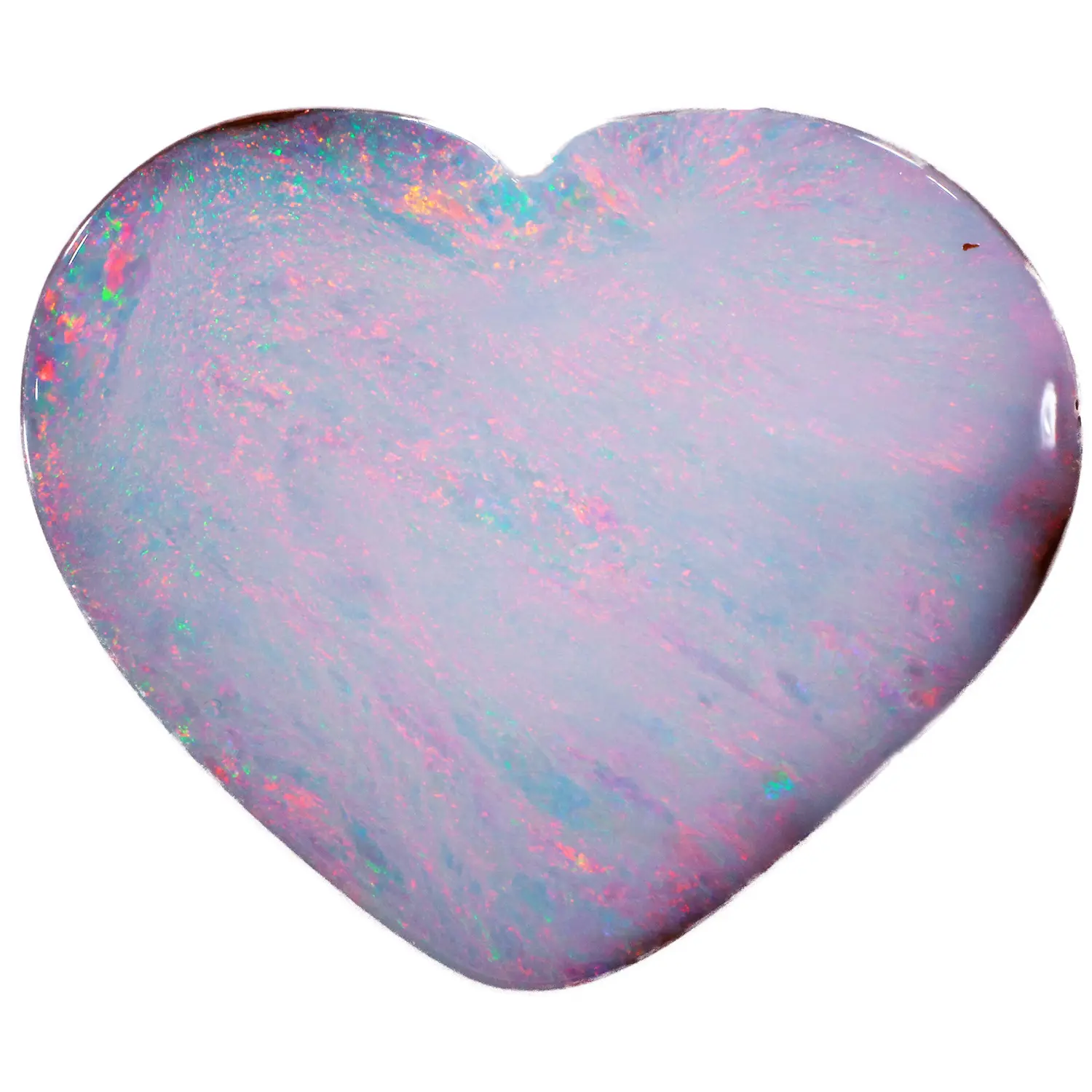 14.75ct solid natural boulder opal heart on white background, displaying sweeping pastel pink and lavender fire with red and green colour flashes across a milky blue-white body, Winton Queensland Australia