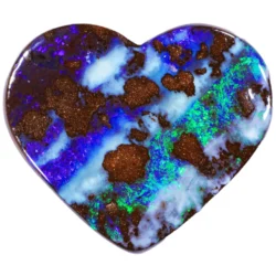 16.5ct solid natural boulder opal heart on white background, displaying sweeping electric blue, violet and vivid green fire across natural ironstone matrix, Winton Queensland Australia