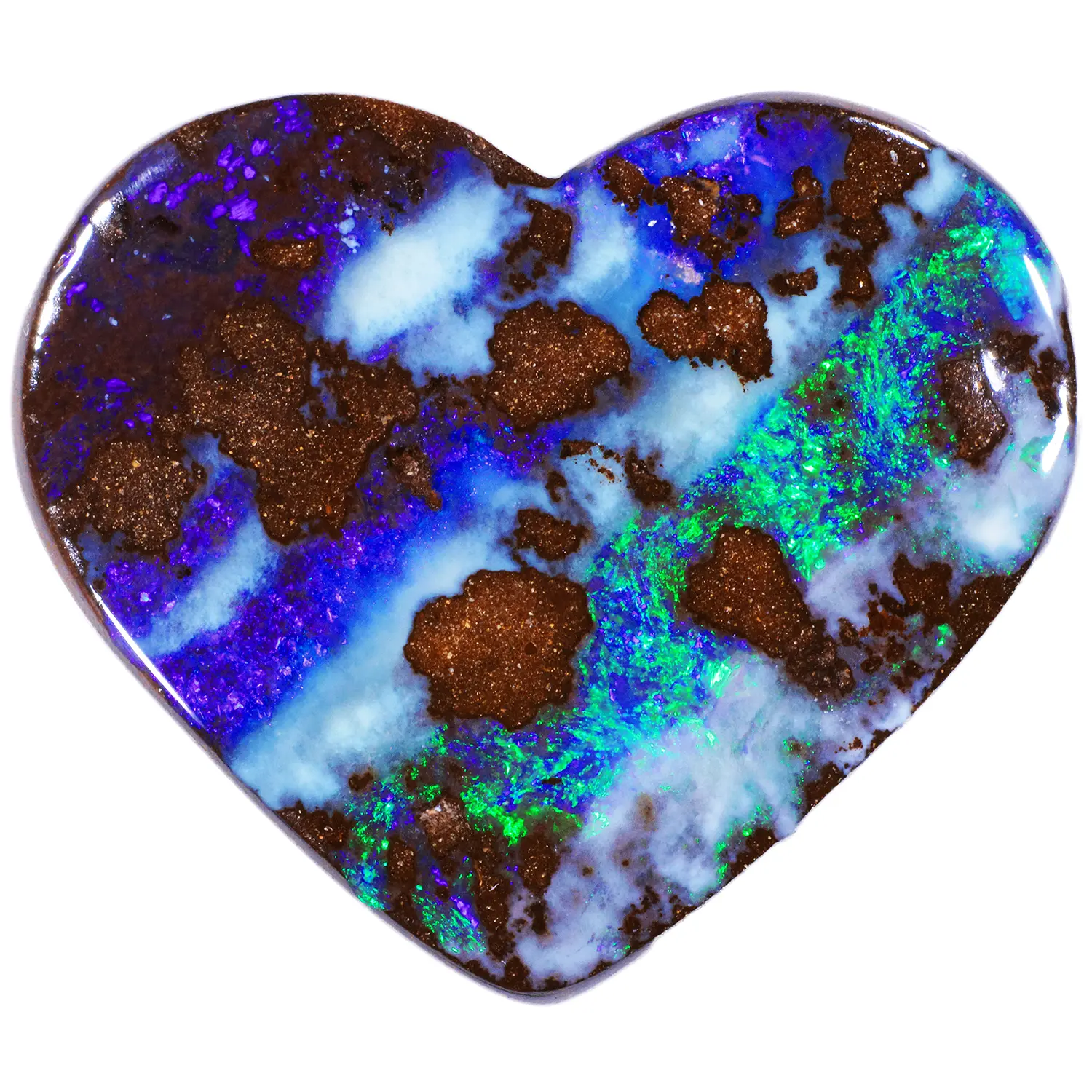 16.5ct solid natural boulder opal heart on white background, displaying sweeping electric blue, violet and vivid green fire across natural ironstone matrix, Winton Queensland Australia
