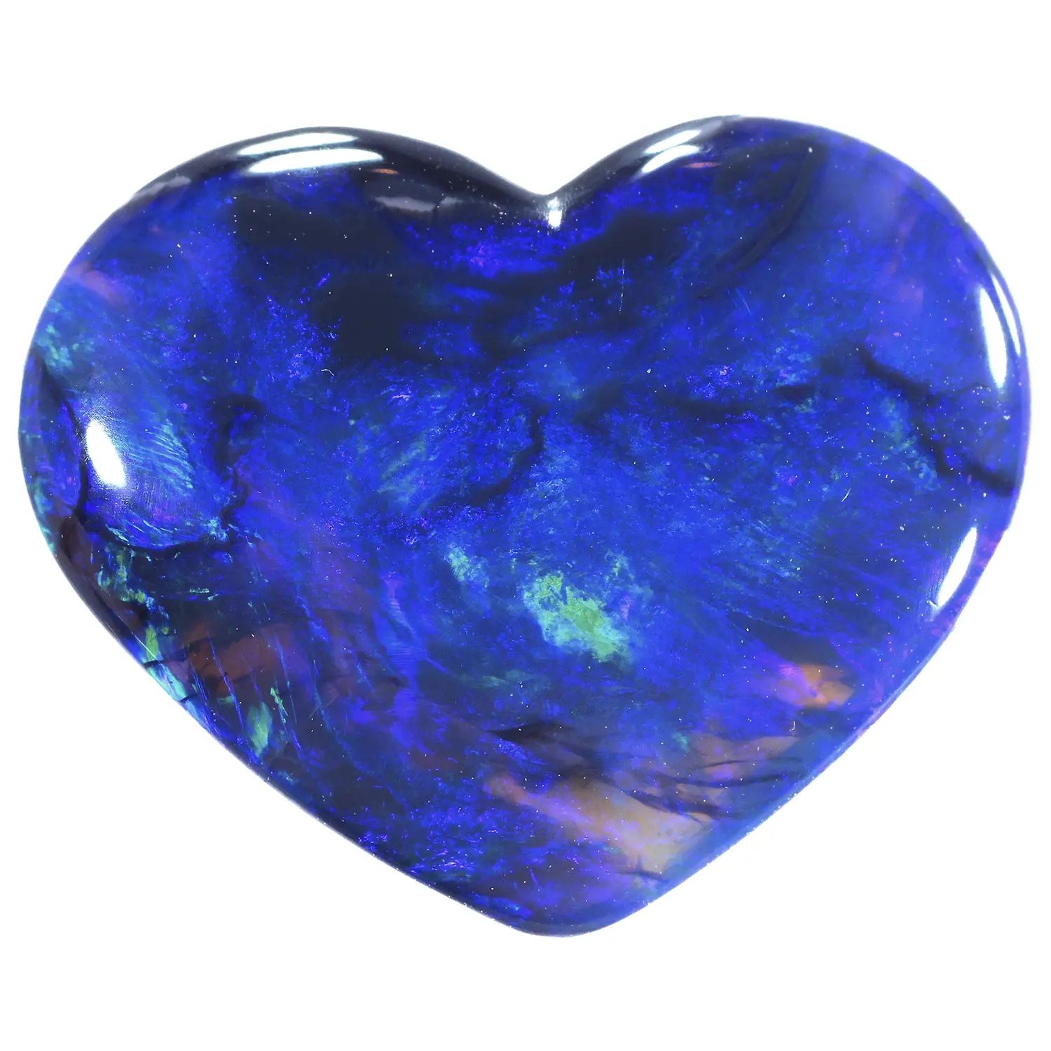 5.26ct natural solid black opal heart on white background, displaying deep royal blue and green play-of-colour with violet and teal accents across a dark black body, Lightning Ridge Australia