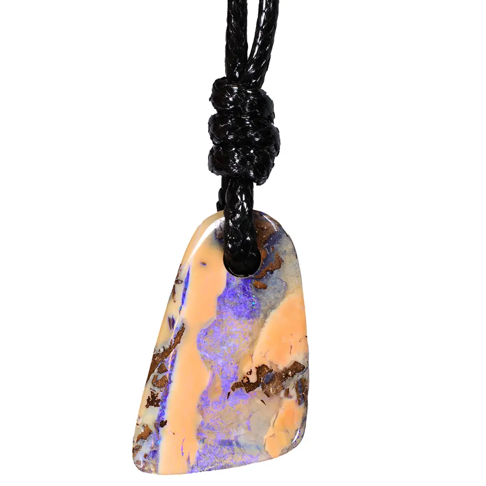 Natural boulder opal pendant with purple fire and caramel tones