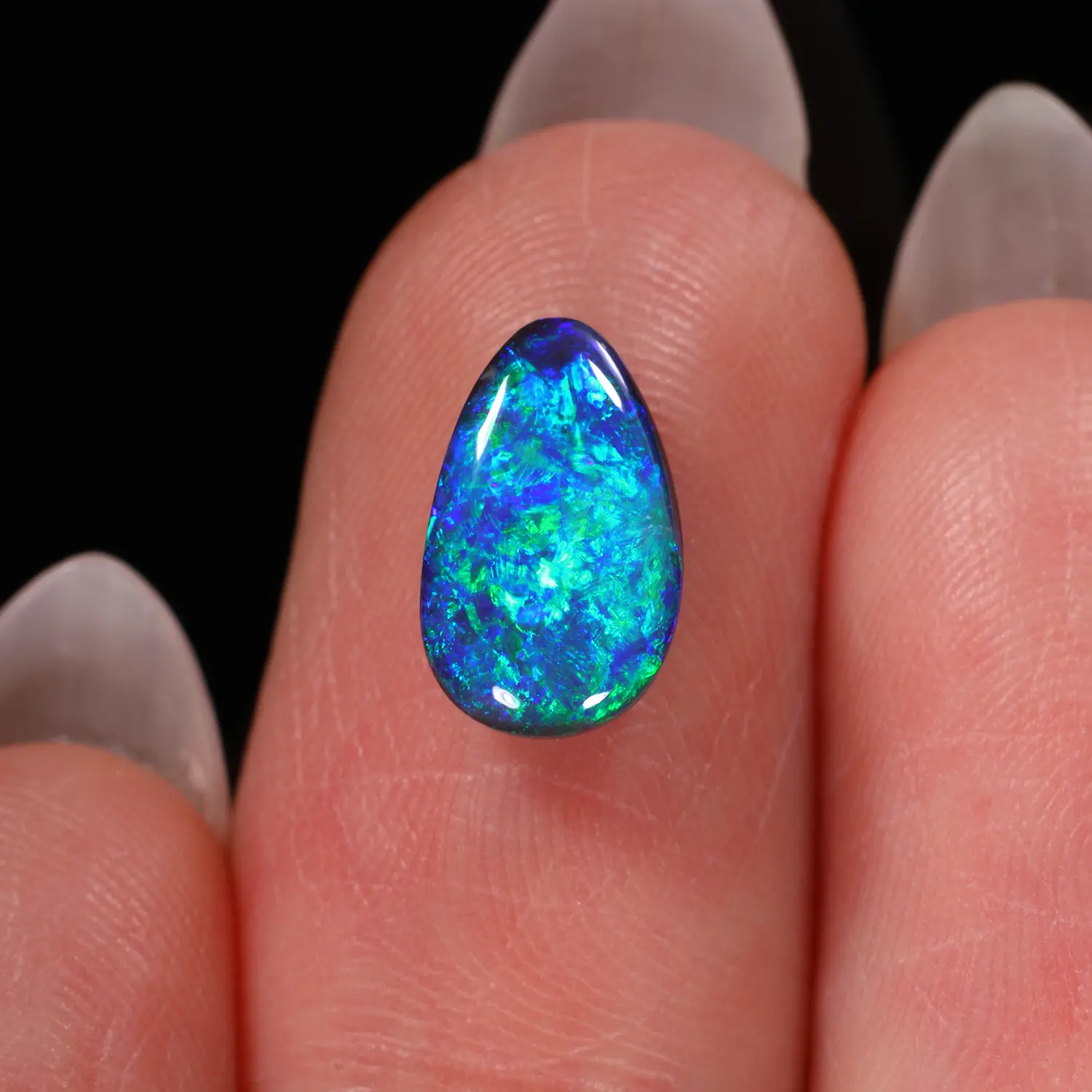 Bright turquoise blue and green Lightning Ridge black opal teardrop against black background xx1871