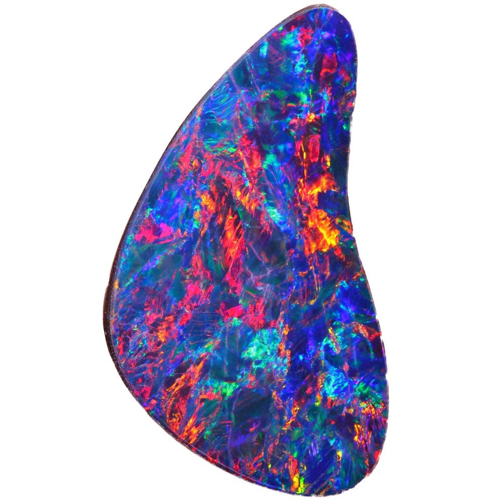 16.1 ct Australian opal doublet cabochon with intense red and multicolor fire, displaying vibrant flashes of red, blue, green, and orange across an irregular freeform polished surface against a white background.