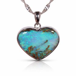 Blue green aqua Australian heart shaped boulder opal pendant set in sterling silver necklace 25.8ct.