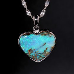 Natural Australian boulder opal heart pendant with blue green aqua ocean color set in sterling silver necklace 25.8ct.