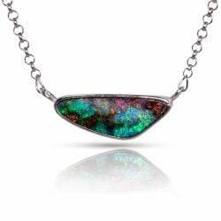 Front view of forest green boulder opal pendant horizontal style 25.5ct with natural ironstone and adjustable silver chain.