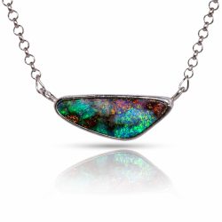 Front view of forest green boulder opal pendant horizontal style 25.5ct with natural ironstone and adjustable silver chain.