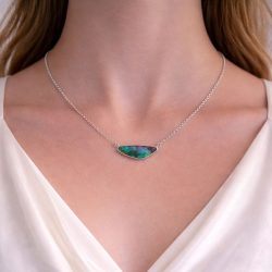 Boulder opal pendant deep forest green horizontal style worn on 18 inch silver chain natural untreated Australian opal 25.5ct.