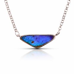 Front view of boulder opal pendant purplish blue triangular shape 25.6ct on 18 inch adjustable silver chain natural Australian opal.