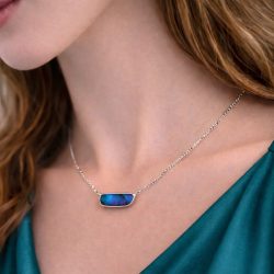 Royal blue boulder opal pendant with vibrant flash worn on adjustable silver chain natural untreated Australian opal 24.5ct.