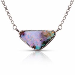 Front view of triangular boulder opal pendant with subtle pink green rainbow fire 23.3ct on adjustable silver chain.