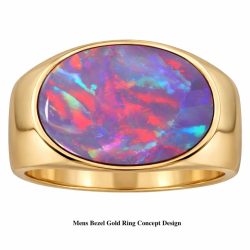 Black opal mens bezel gold ring concept design featuring red pink and rainbow fire in an oval opal for the 8.22ct Opal Galaxy stone