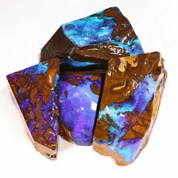 113g boulder opal rubs rough parcel of 4 large pieces from Winton, Australia with fiery violet purple, blue, and teal fire. Natural, untreated Australian opal for collectors or lapidary artists.