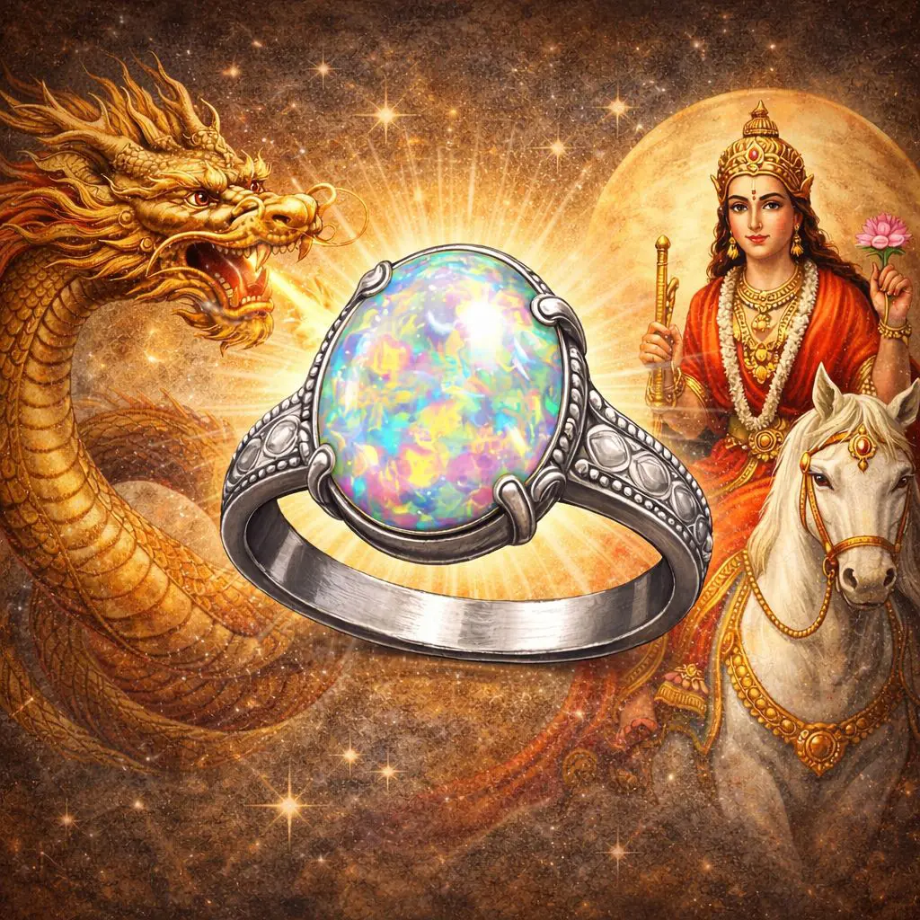 Fantasy-style thumbnail showing a glowing opal ring centered between a golden dragon and a Hindu goddess on a white horse, representing opal zodiac star signs and astrology symbolism.