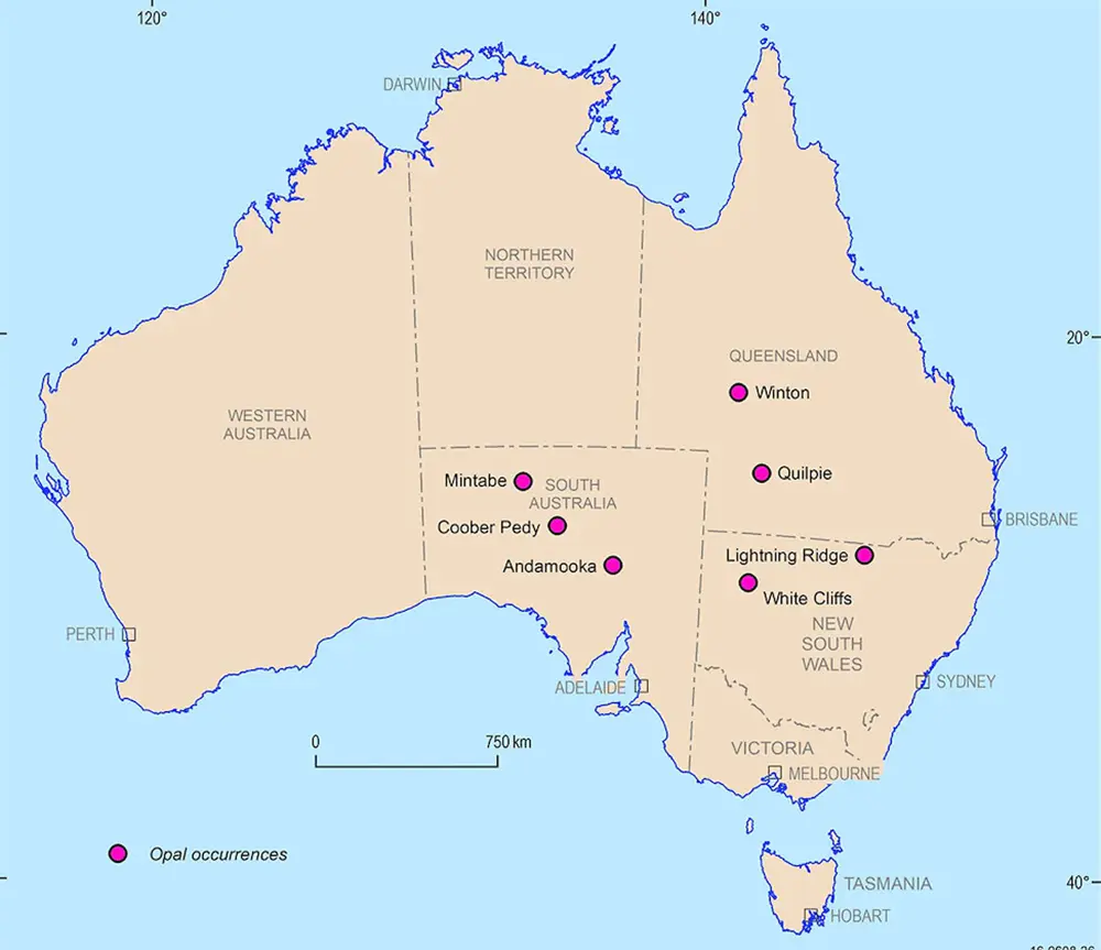 Map of Australia showing major opal mining fields โ Lightning Ridge, Coober Pedy, Winton, Koroit, Yowah, Andamooka and Mintabie