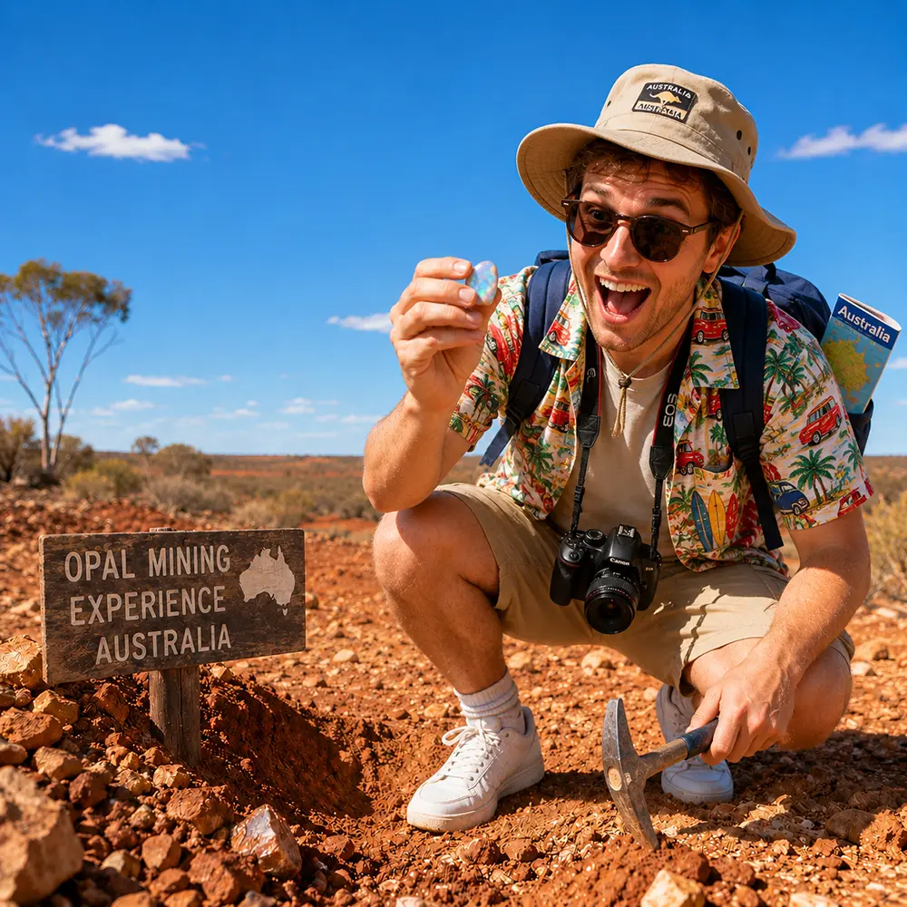 A tourist crouching in the red Australian outback, excitedly holding up a small piece of opal he just found. He wears an Australia bucket hat, sunglasses, and a tropical shirt, with a Canon camera around his neck and an Australia travel map in his backpack. A wooden sign beside him reads "Opal Mining Experience Australia." He holds a rock hammer in his other hand.