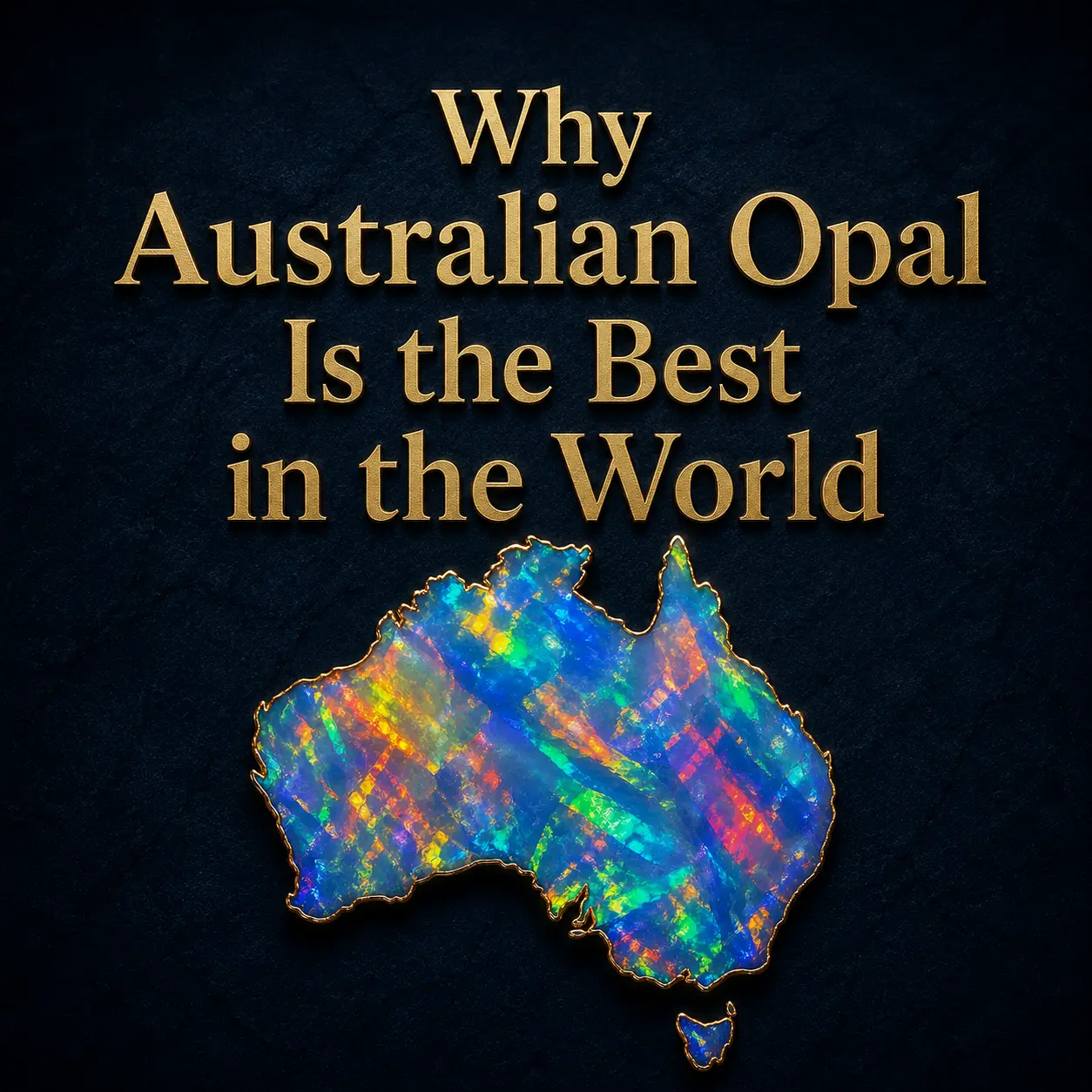 Australian opal map shaped gemstone with vibrant rainbow colors and gold text reading Why Australian Opal Is the Best in the World on a dark textured background