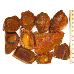 293g Koroit boulder opal matrix rubs parcel from Queensland, Australia showing warm golden amber ironstone with natural web patterns and teal opal veining. 100% natural and untreated.