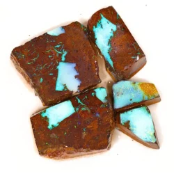 328ct Koroit boulder opal rubs rough parcel of 5 pieces from Queensland, Australia with bright blue and turquoise opal pockets in reddish brown ironstone matrix. Natural, untreated.