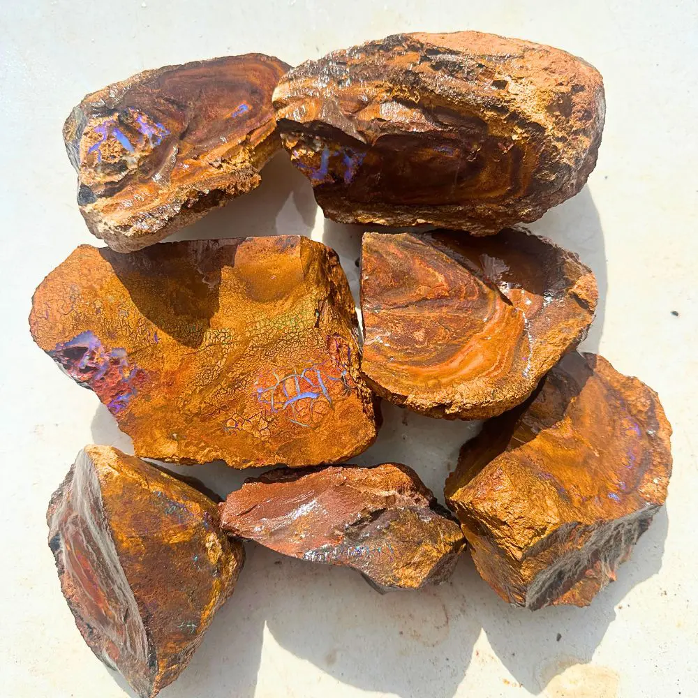5kg Koroit boulder opal rough parcel of 7 large pieces from Queensland, Australia with golden amber ironstone and purple and blue opal veining. Natural, untreated.