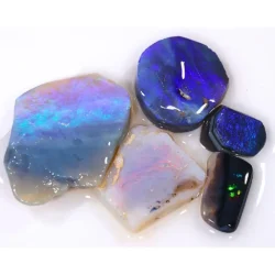 60ct Lightning Ridge opal rubs parcel of 5 pieces from Australia featuring crystal, black, and white opal with purple, blue, teal, and green fire. Natural, untreated.