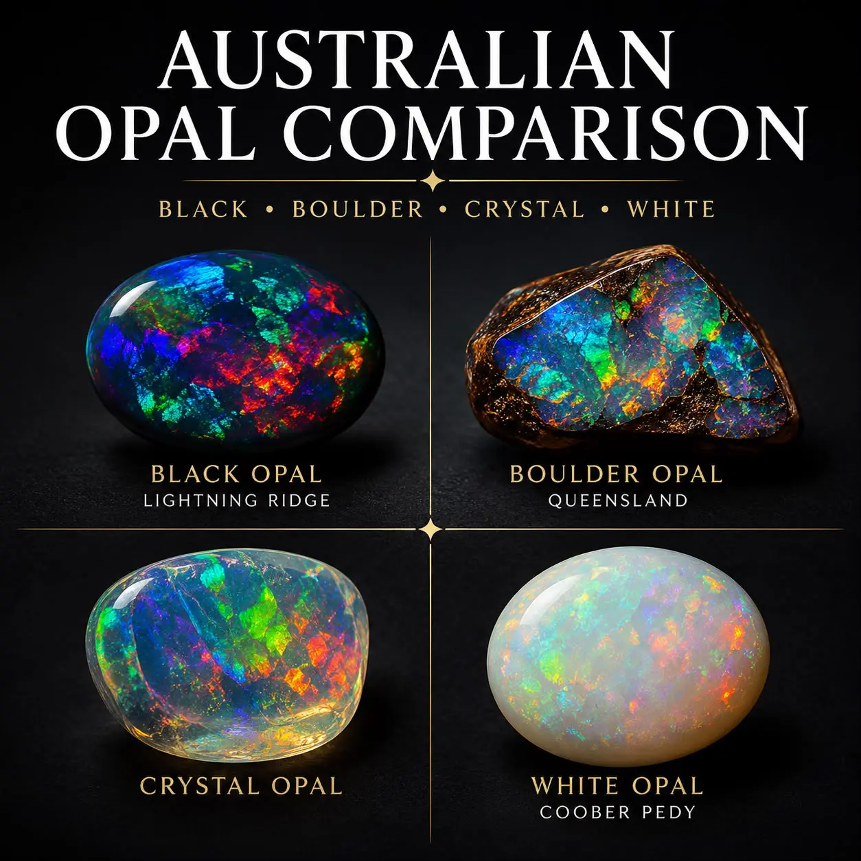 Australian Opal Comparison: Black, Boulder, Crystal, White, Global, and Lab Created Opals