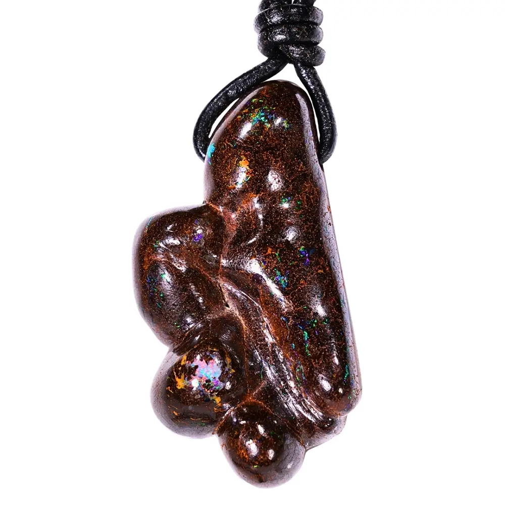170ct hand carved Winton boulder opal pendant with green and rainbow color in natural brown matrix on adjustable black Greek leather necklace