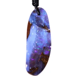 212ct large Winton boulder opal pendant with purple green and blue color and natural brown matrix on adjustable black Greek leather necklace