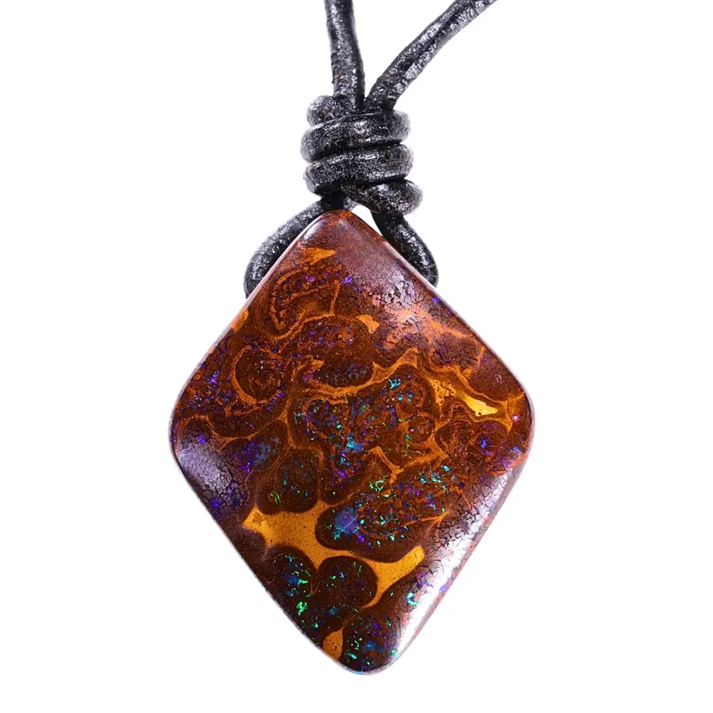 90ct sparkling Winton boulder opal pendant with purple green and blue color in patterned brown matrix on adjustable Greek leather necklace