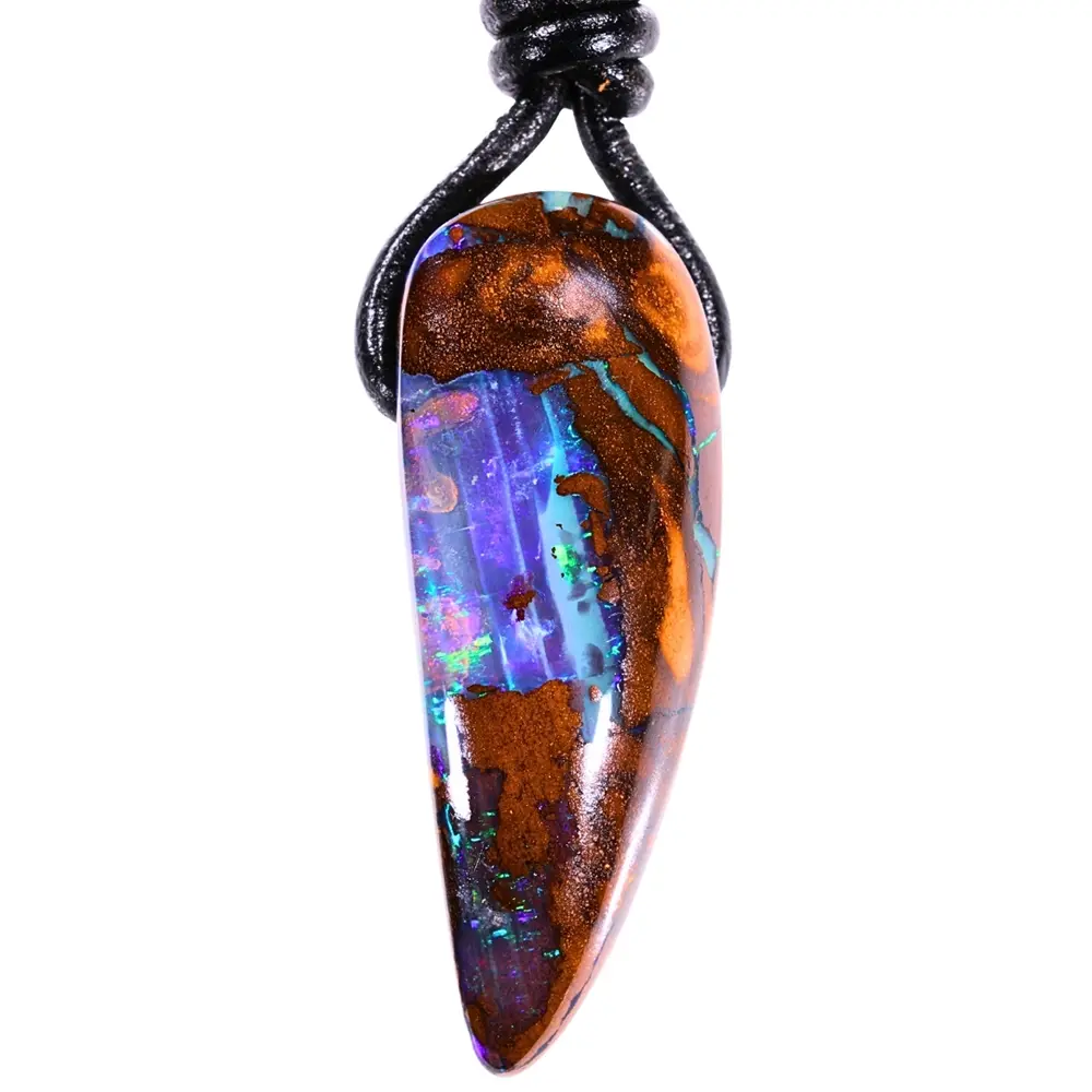 82ct tooth shaped Winton boulder opal pendant with purple green and blue color in natural brown matrix on adjustable Greek leather necklace